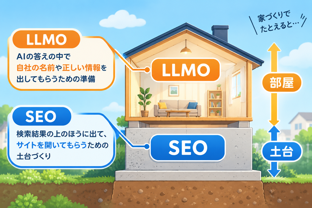土台に「SEO」、その上の部屋に「LLMO」と書いた図