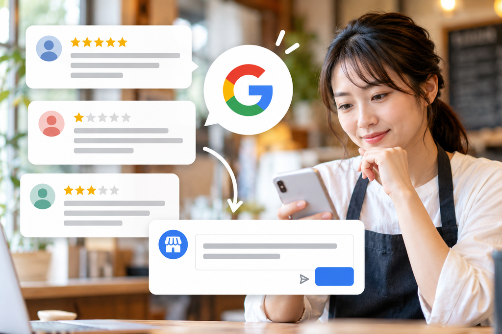 Google口コミに返信するカフェ店主の画像