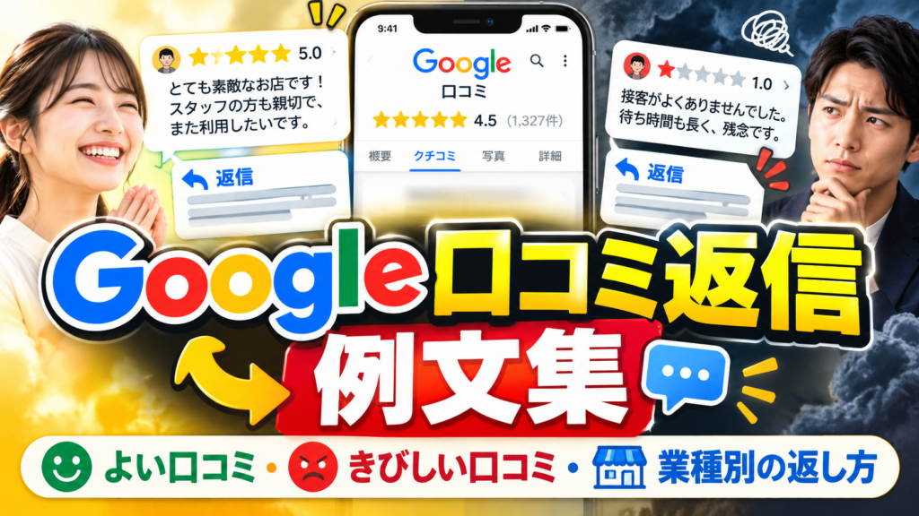 Googleの口コミ返信の例文集｜よい口コミ・きびしい口コミ・業種別の返し方のアイキャッチ画像