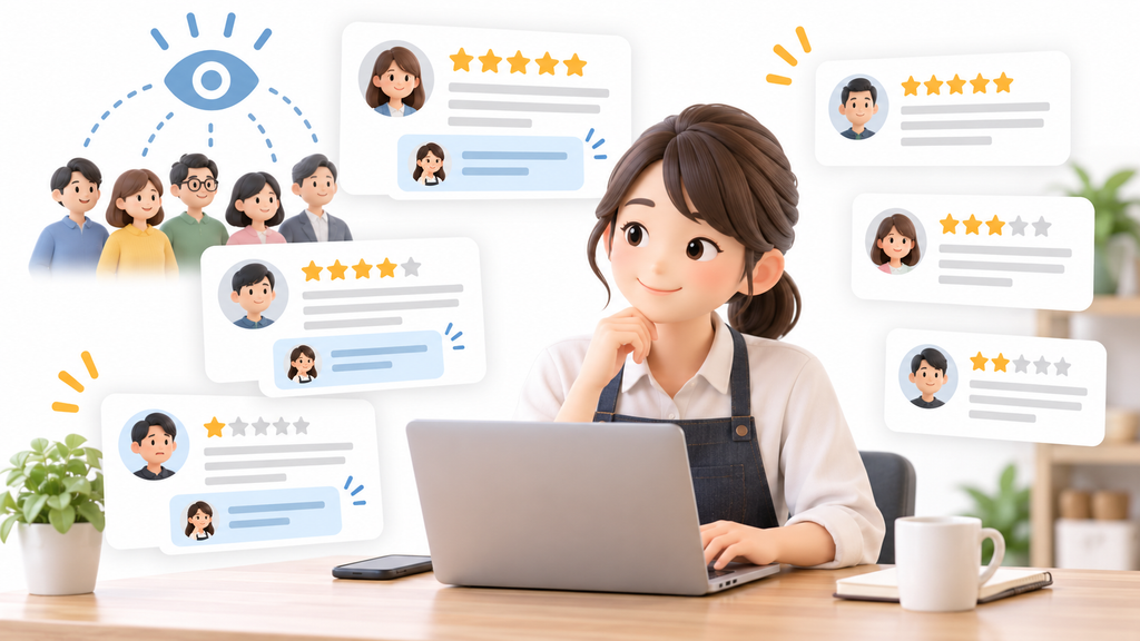 口コミに返信する店主とレビューカードの画像