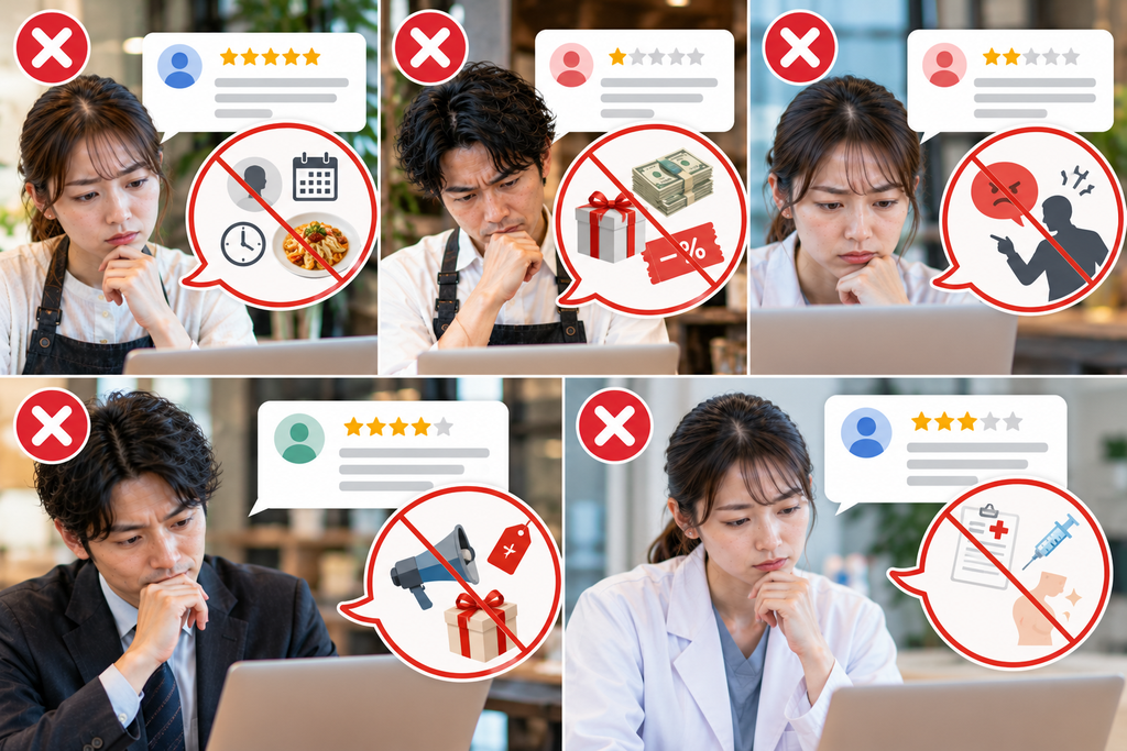 禁止事項を示すレビューコラージュの画像